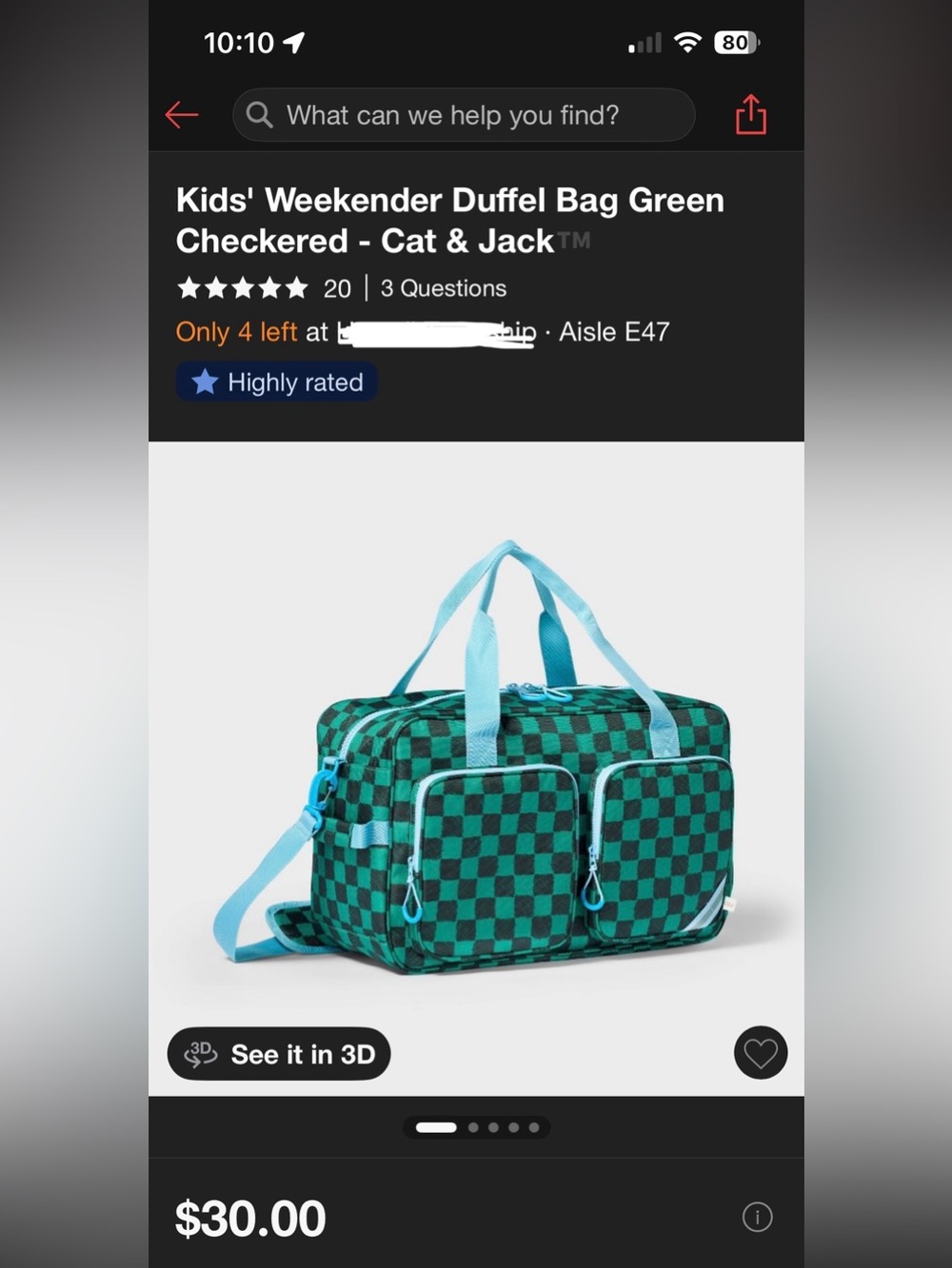 Cat & Jack Green and Light Blue Checkered Duffel Bag